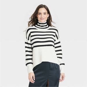 A New Day Black and White Striped Turtleneck Sweater